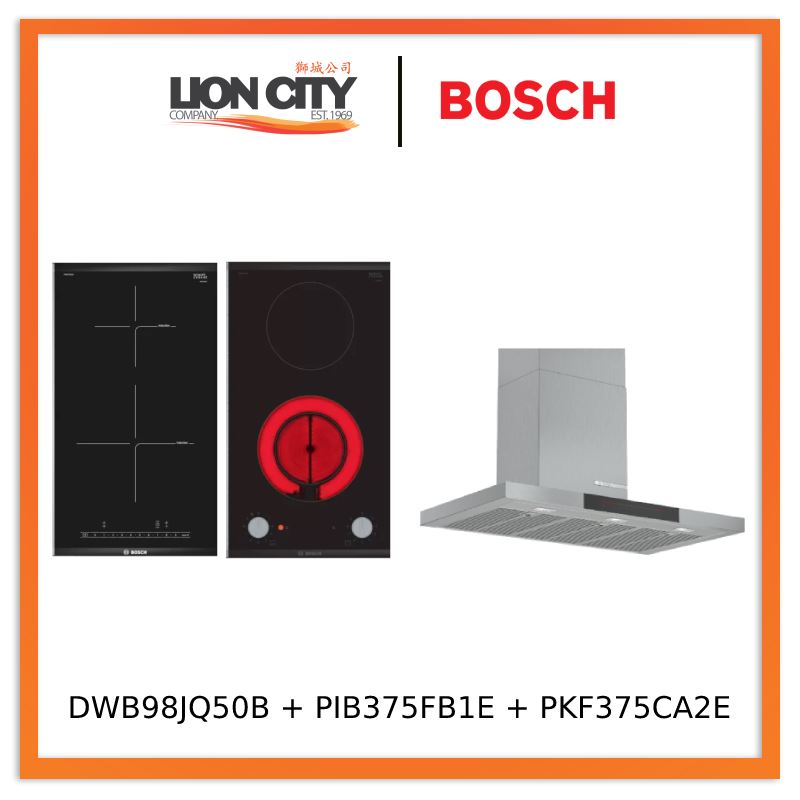 Bosch Series 6 DWB98JQ50B Wall-mounted cooker hood 90 cm + PIB375FB1E Series 6 Domino induction hob 30 cm Black + PKF375CA2E Series 2 Domino Electric hob 30 cm Black, surface mount with frame