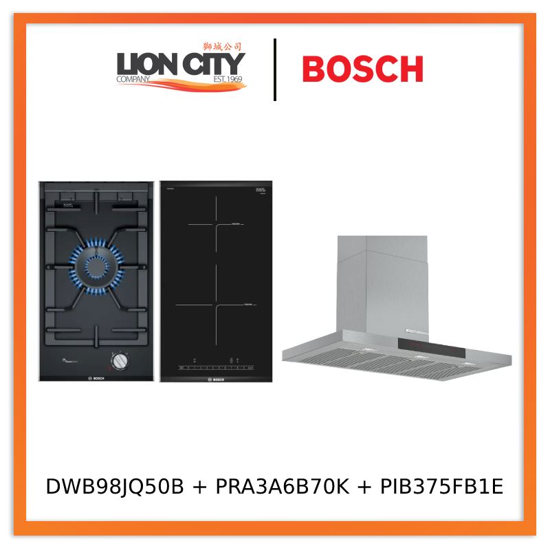 Bosch Series 6 DWB98JQ50B Wall-mounted cooker hood 90 cm + PRA3A6B70K Series 8 Domino gas hob 30 cm Ceramic, Black + PIB375FB1E Series 6 Domino induction hob 30 cm Black