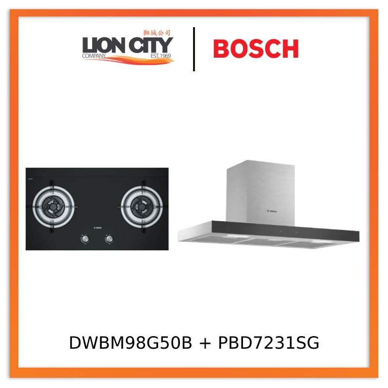 Bosch DWBM98G50B Series 4 Wall-mounted cooker hood 90 cm + PBD7231SG Gas hob 78 cm Tempered glass, Black