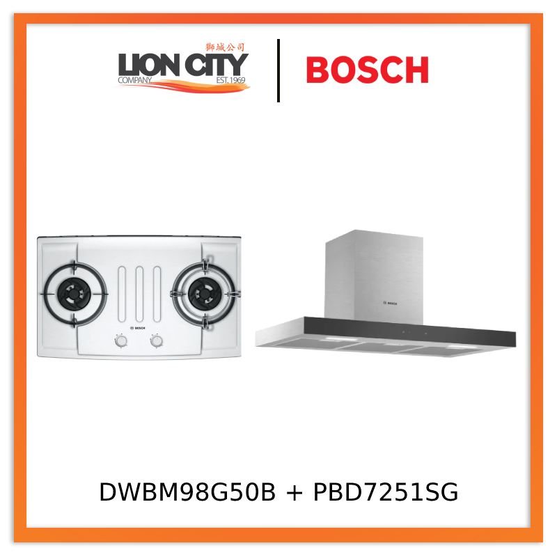 Bosch DWBM98G50B Series 4 Wall-mounted cooker hood 90 cm + PBD7251SG Series 2 Gas hob Stainless steel