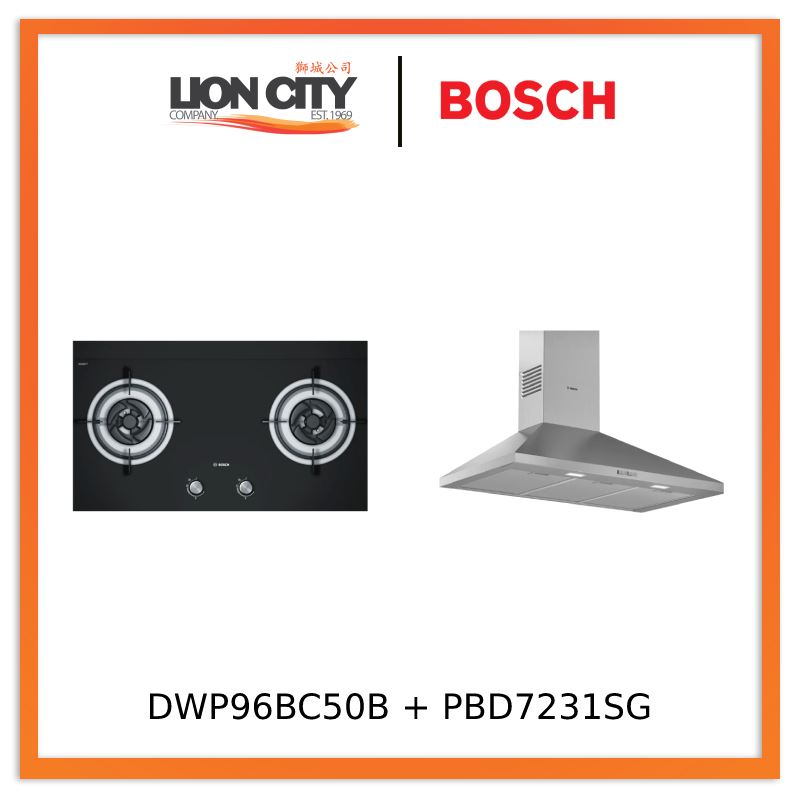 Bosch DWP96BC50B Series 2 Wall-mounted cooker hood 90 cm + PBD7231SG Gas hob 78 cm Tempered glass, Black