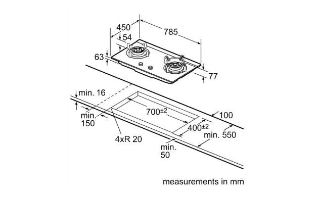 Bosch DWP96BC50B Series 2 Wall-mounted cooker hood 90 cm + PBD7232SG Gas hob 78 cm Tempered glass, Black