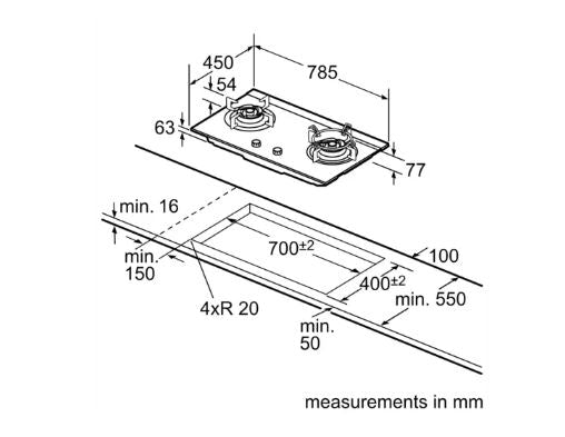 Bosch DWP96BC50B Series 2 Wall-mounted cooker hood 90 cm + PBD7232SG Gas hob 78 cm Tempered glass, Black