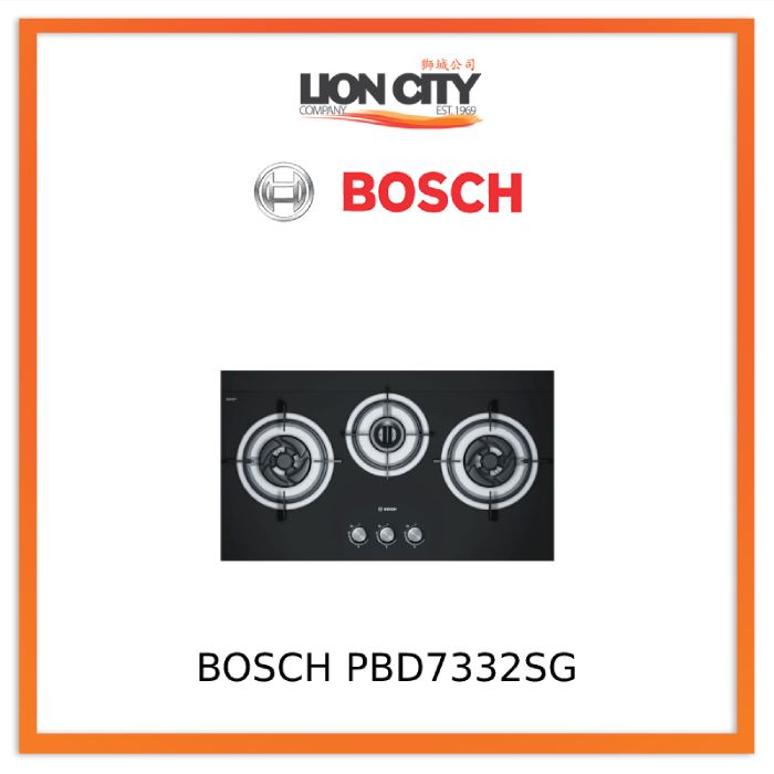 Bosch 78.5 cm Black Tempered Glass Built-In Gas Hob PBD7332SG LPG | Lion City Company.