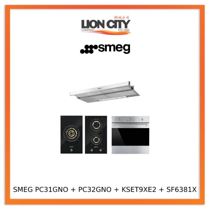 Smeg PC31GNO 30CM Black Glass Gas Hob, 1 burner + PC32GNO 30CM Black Glass Gas Hob, 2 burners + KSET9XE2 90cm Telescopic Hood with Stainless Steel + SF6381X Fan Assisted Oven 60cm Classica Aesthetic Effect Front Panel Bundle Deal