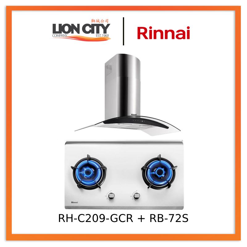 Rinnai RH-C209-GCR Chimney Cooker Hood + RB-72S Stainless Steel Hob
