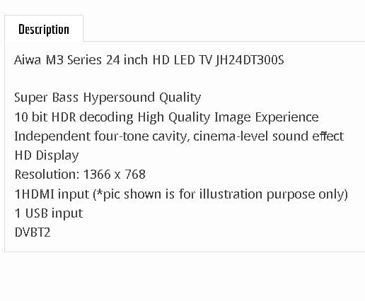 Aiwa JH24DT300S M3 Series 24 inch HD LED TV