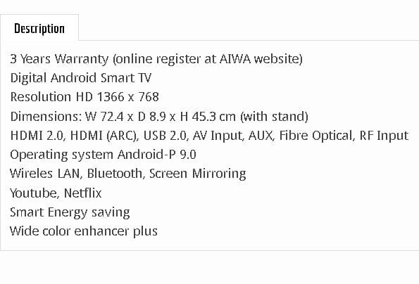 Aiwa AW-LED32G7K 32" HD Frameless Android TV