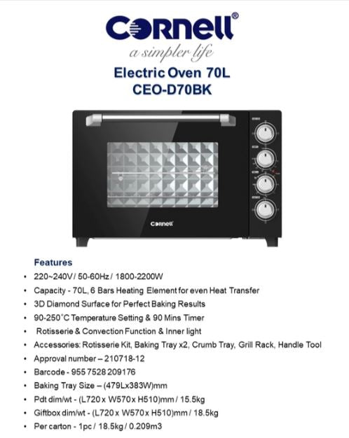Cornell CEOD70BK 70L Double Glass Electric Oven with Rotisserie & Convection Function