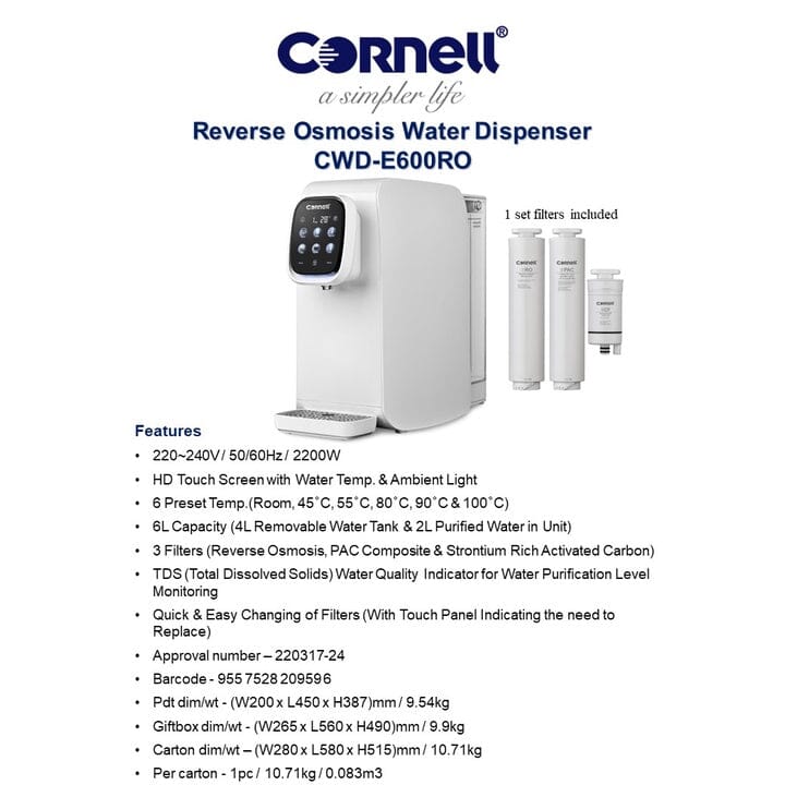 Cornell 6L Water Purifier, Instant Water Dispenser with Reverse Osmosis Filter CWDE600RO