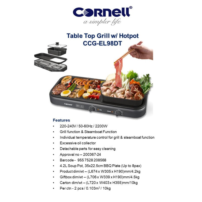 Cornell CCGEL98DT 2 in 1 Steamboat BBQ Non Stick Grill Hotpot Set Lion City Company