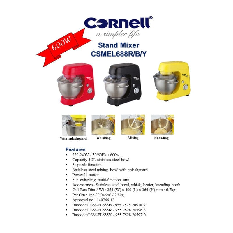 Cornell 4.2L Stand Mixer 600W CSMEL688B/CSMEL688R