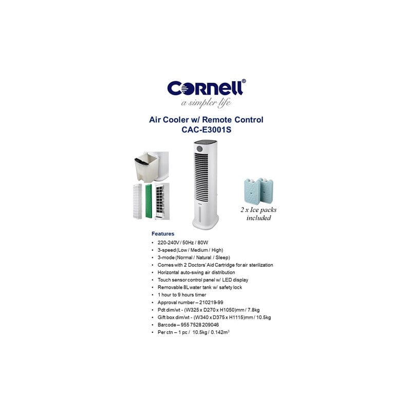 Cornell Air Cooler with Air Sterilization Function and Ice Packs CACE3001S