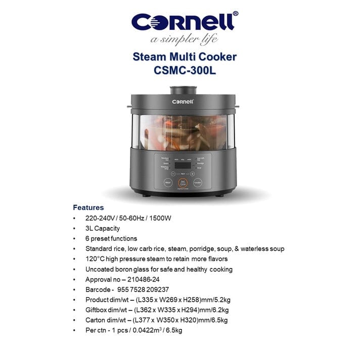 Cornell Steam Multi Cooker, Low Carb Rice Cooker and Waterless Soup Function CSMC300L