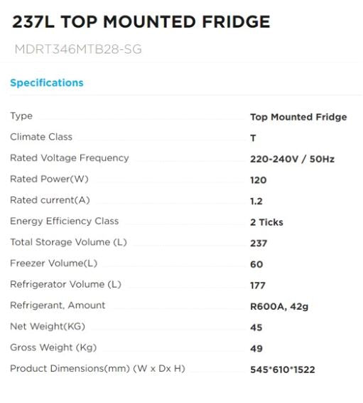 Midea MDRT346MTB28 Top Freezer Refrigerator 237L