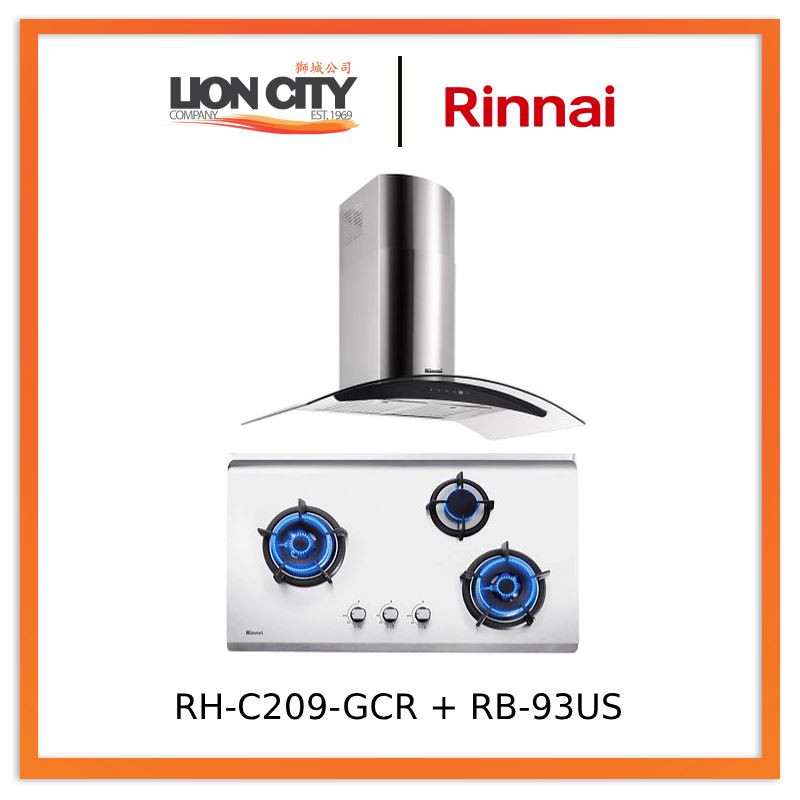 Rinnai RH-C209-GCR Chimney Cooker Hood + RB-93US Stainless Steel Hob