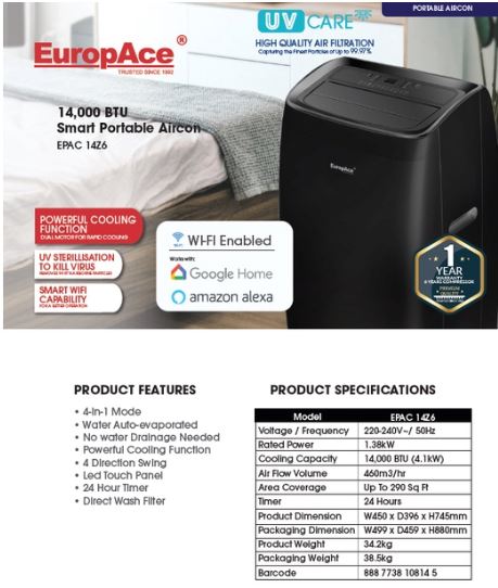 EuropAce EPAC 14Y6 4-In-1 Portable Aircon with Remote Control