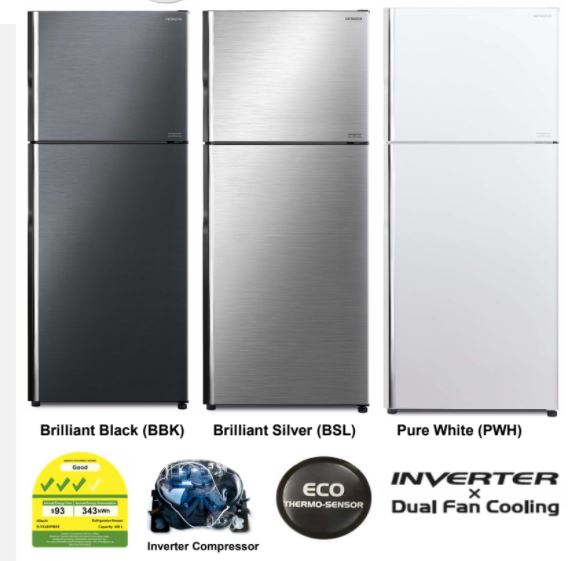 Hitachi RVX480PMS9 - BSL/ BBK/ PWH 2-Door Deluxe Stylish Inverter Refrigerator | Lion City Company.