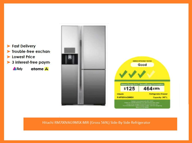 Hitachi RM700VAG9MSX-MIR (Gross 569L) Side-By-Side Refrigerator + BD90YAV 9kg Powered Inverter Front Load Washing Machine