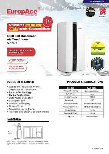 EuropAce EAC 801A Casement Air Con 8,000 BTU. Singapore’s First And Only 2 Ticks