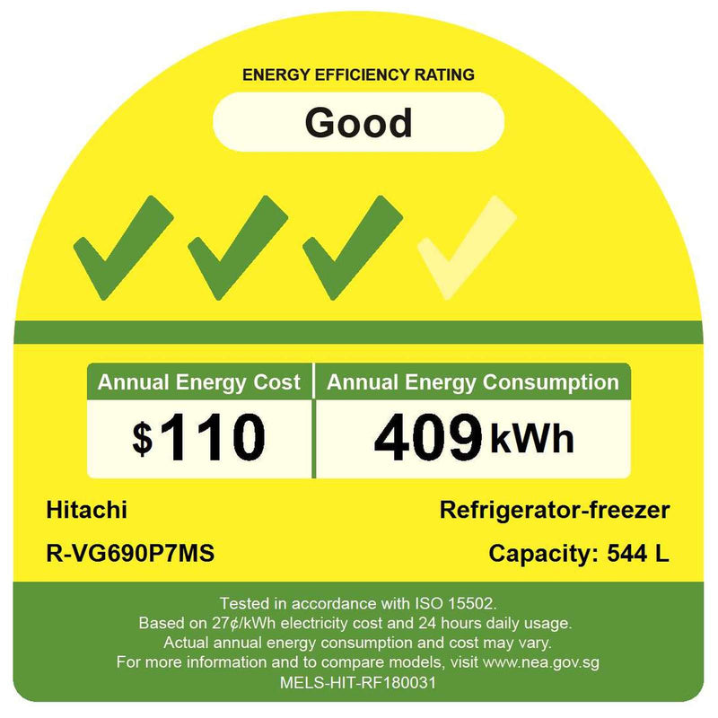 HITACHI 544L 2 DOOR FRIDGE RVG690P7MSGGR