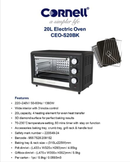 Cornell Electric Oven 20L CEOS20BK