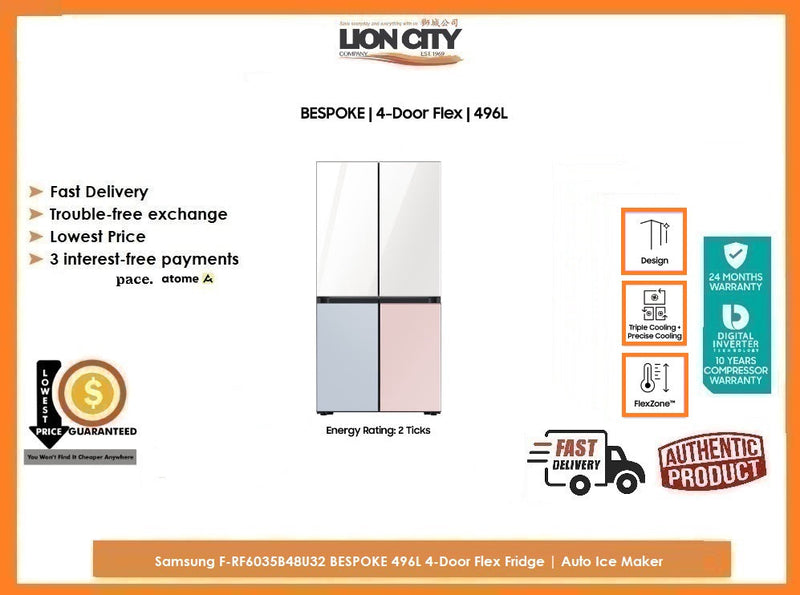 Samsung F-RF6035B48U32 BESPOKE 496L 4-Door Flex Fridge | Auto Ice Maker | UV Deodorising Filter