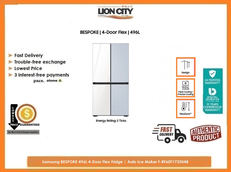 Samsung FRF60F1735U48 BESPOKE 496L 4-Door Flex Fridge Auto Ice Maker F-RF60F1735U48