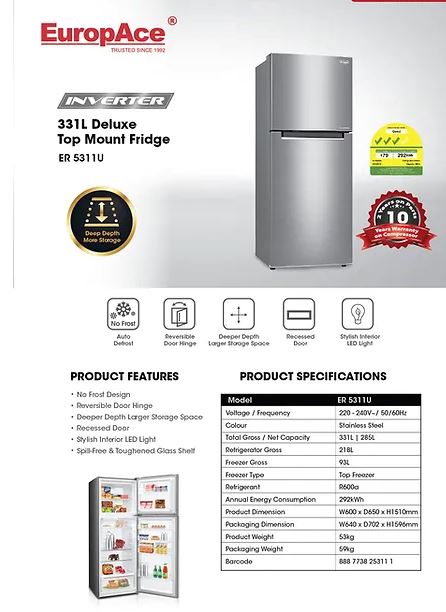 EuropAce ER5311U 331L Deluxe Top Mount Fridge (3 Ticks)