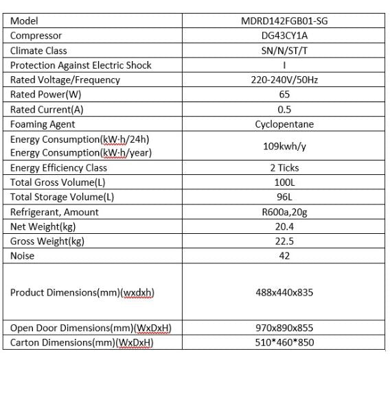 Midea MDRD142FGB01-SG 96L Bar Fridge