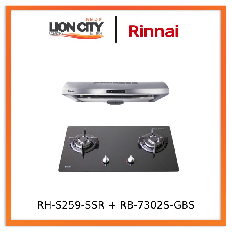 Rinnai RH-S259-SSR-T Cooker Hood + RB-7302S-GBS 2 Burner Gas Hob