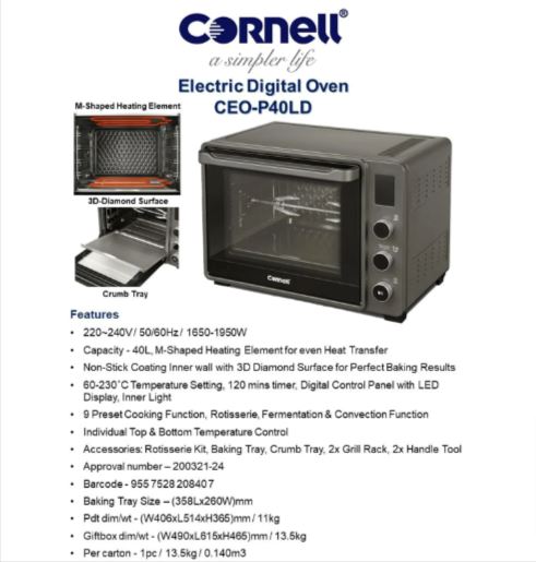 Cornell 40L Digital Electric Oven CEOP40LD with Accurate Temperature Control