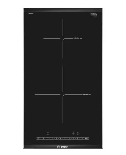 Bosch Series 6 DWB98JQ50B Wall-mounted cooker hood 90 cm + PIB375FB1E Series 6 Domino induction hob 30 cm Black + PKF375CA2E Series 2 Domino Electric hob 30 cm Black, surface mount with frame