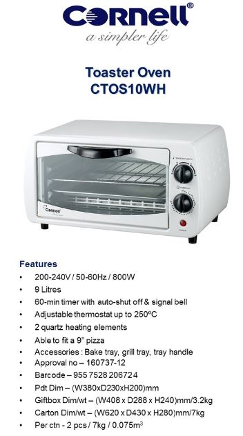Cornell 9L Oven Toaster, 800W (1 Year Warranty) CTO-S10BK/CTO-S10WH